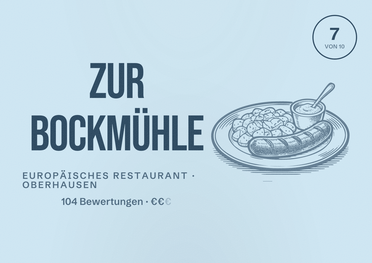 Illustriertes Poster von Zur Bockmühle, Europäisches Restaurant in Oberhausen: Bewertung 7 von 10 aus 104 Bewertungen, Preisniveau €€
