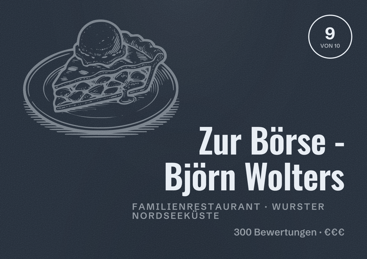 Illustriertes Poster von Zur Börse - Björn Wolters, Familienrestaurant in Wurster Nordseeküste: Bewertung 9 von 10 aus 300 Bewertungen, Preisniveau €€€