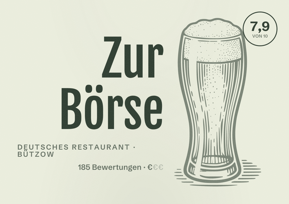 Illustriertes Poster von Zur Börse, Deutsches Restaurant in Bützow: Bewertung 7,9 von 10 aus 185 Bewertungen, Preisniveau €