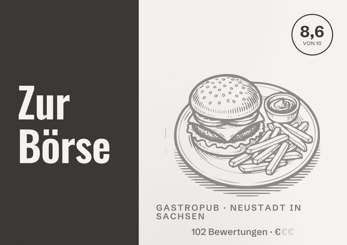 Illustriertes Poster von Zur Börse, Gastropub in Neustadt in Sachsen: Bewertung 8,6 von 10 aus 102 Bewertungen, Preisniveau €