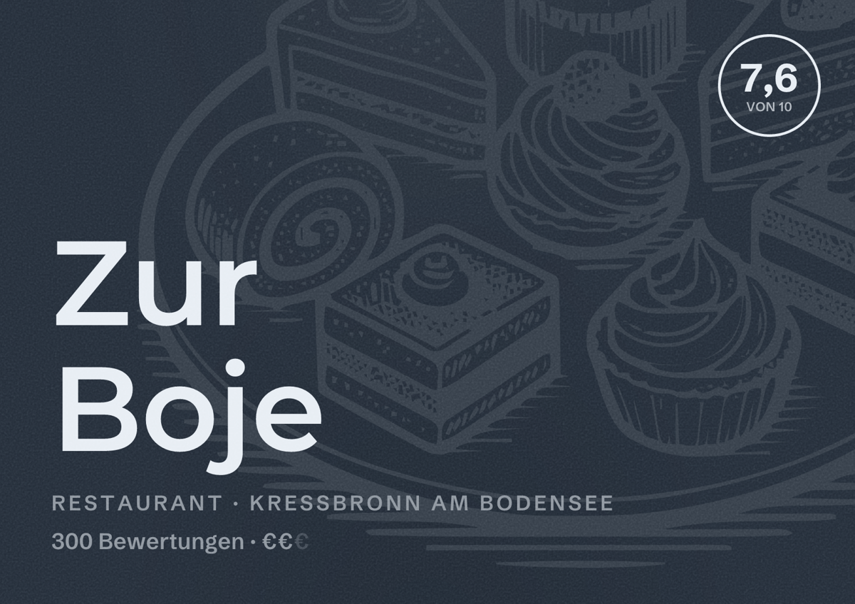Illustriertes Poster von Zur Boje, Restaurant in Kressbronn am Bodensee: Bewertung 7,6 von 10 aus 300 Bewertungen, Preisniveau €€
