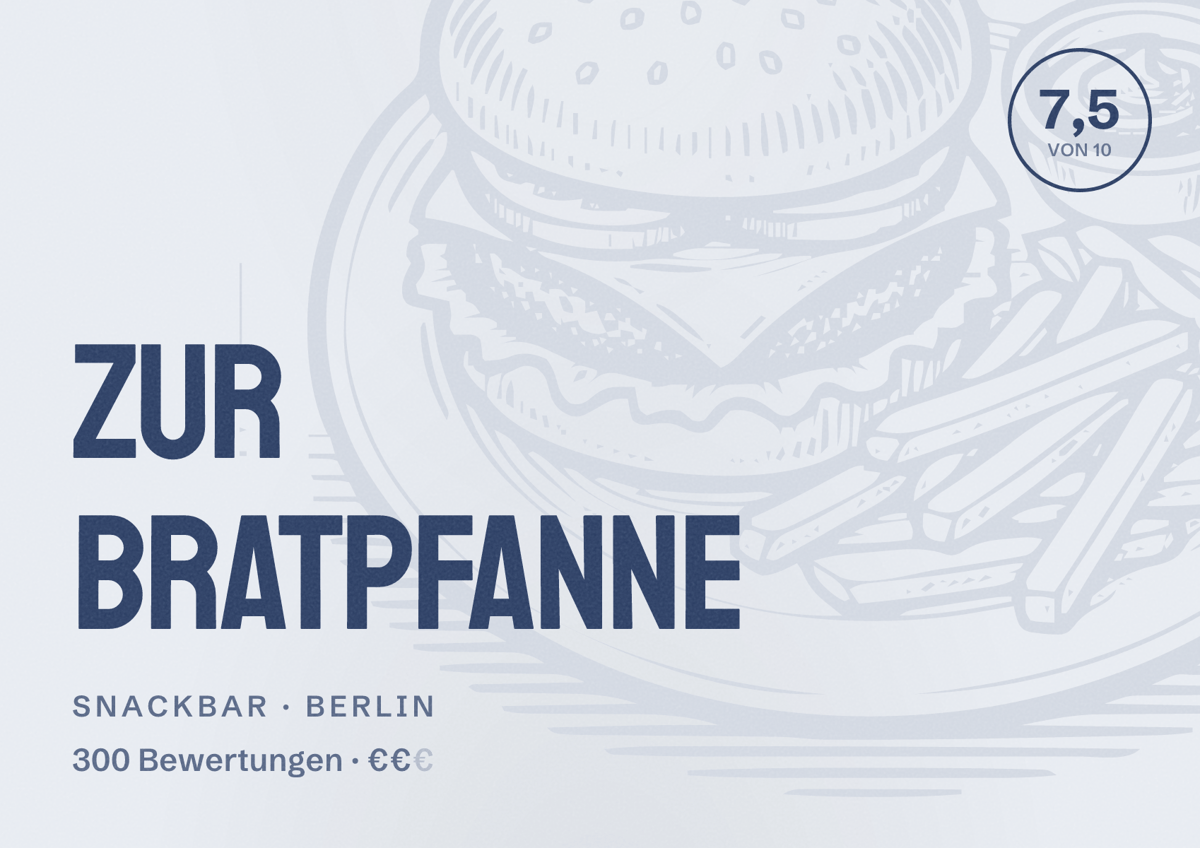 Illustriertes Poster von Zur Bratpfanne, Snackbar in Berlin: Bewertung 7,5 von 10 aus 300 Bewertungen, Preisniveau €€
