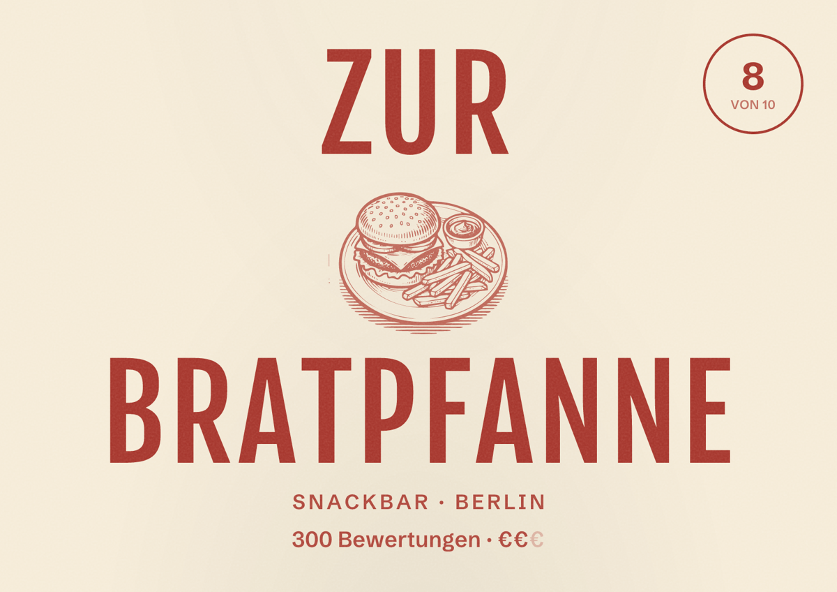 Illustriertes Poster von Zur Bratpfanne, Snackbar in Berlin: Bewertung 8 von 10 aus 300 Bewertungen, Preisniveau €€