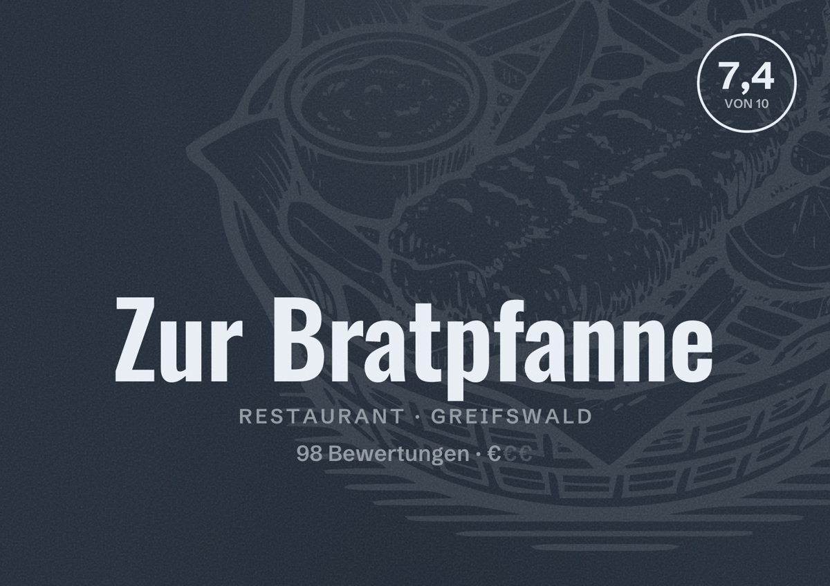 Illustriertes Poster von Zur Bratpfanne, Restaurant in Greifswald: Bewertung 7,4 von 10 aus 98 Bewertungen, Preisniveau €