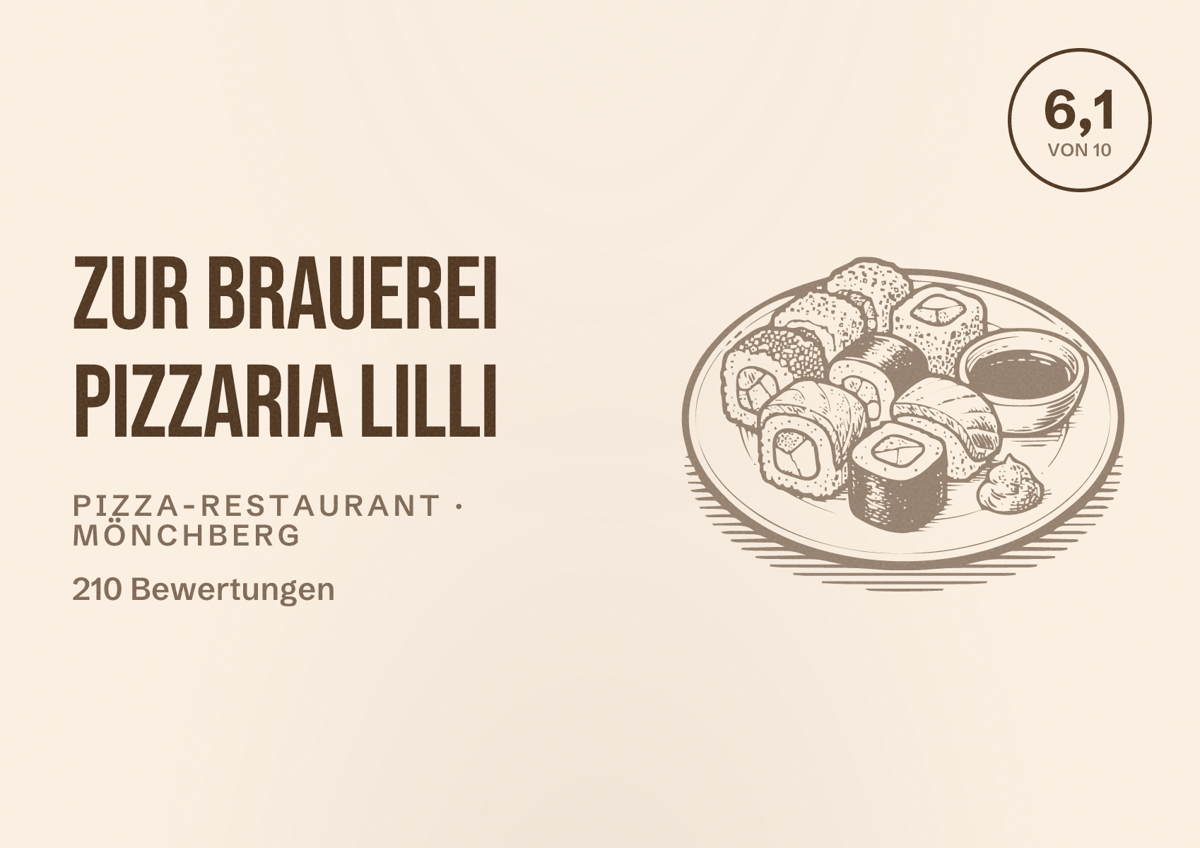 Illustriertes Poster von Zur Brauerei Pizzaria Lilli, Pizza-Restaurant in Mönchberg: Bewertung 6,1 von 10 aus 210 Bewertungen