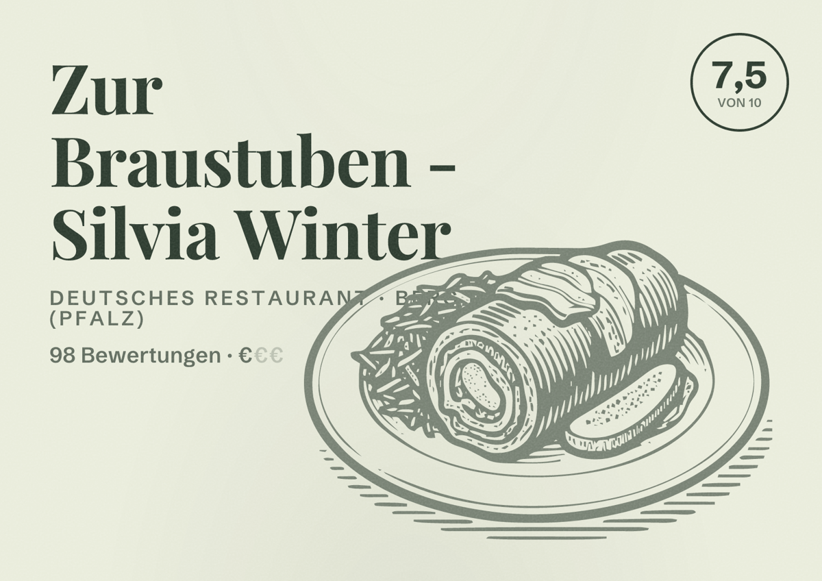 Illustriertes Poster von Zur Braustuben - Silvia Winter, Deutsches Restaurant in Berg (Pfalz): Bewertung 7,5 von 10 aus 98 Bewertungen, Preisniveau €