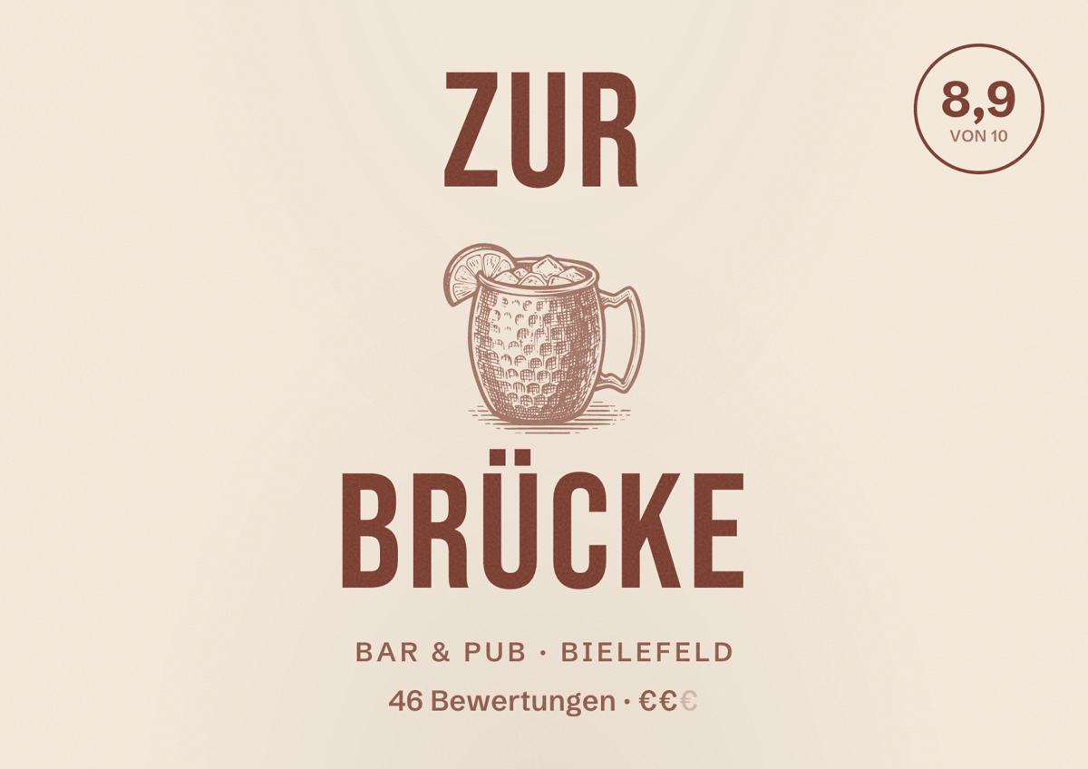 Illustriertes Poster von Zur Brücke, Bar & Pub in Bielefeld: Bewertung 8,9 von 10 aus 46 Bewertungen, Preisniveau €€