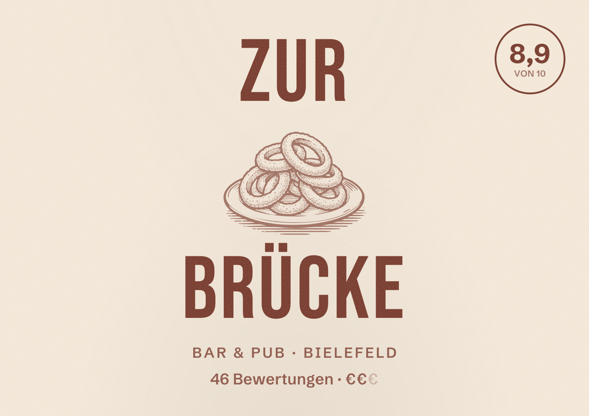 Illustriertes Poster von Zur Brücke, Bar & Pub in Bielefeld: Bewertung 8,9 von 10 aus 46 Bewertungen, Preisniveau €€