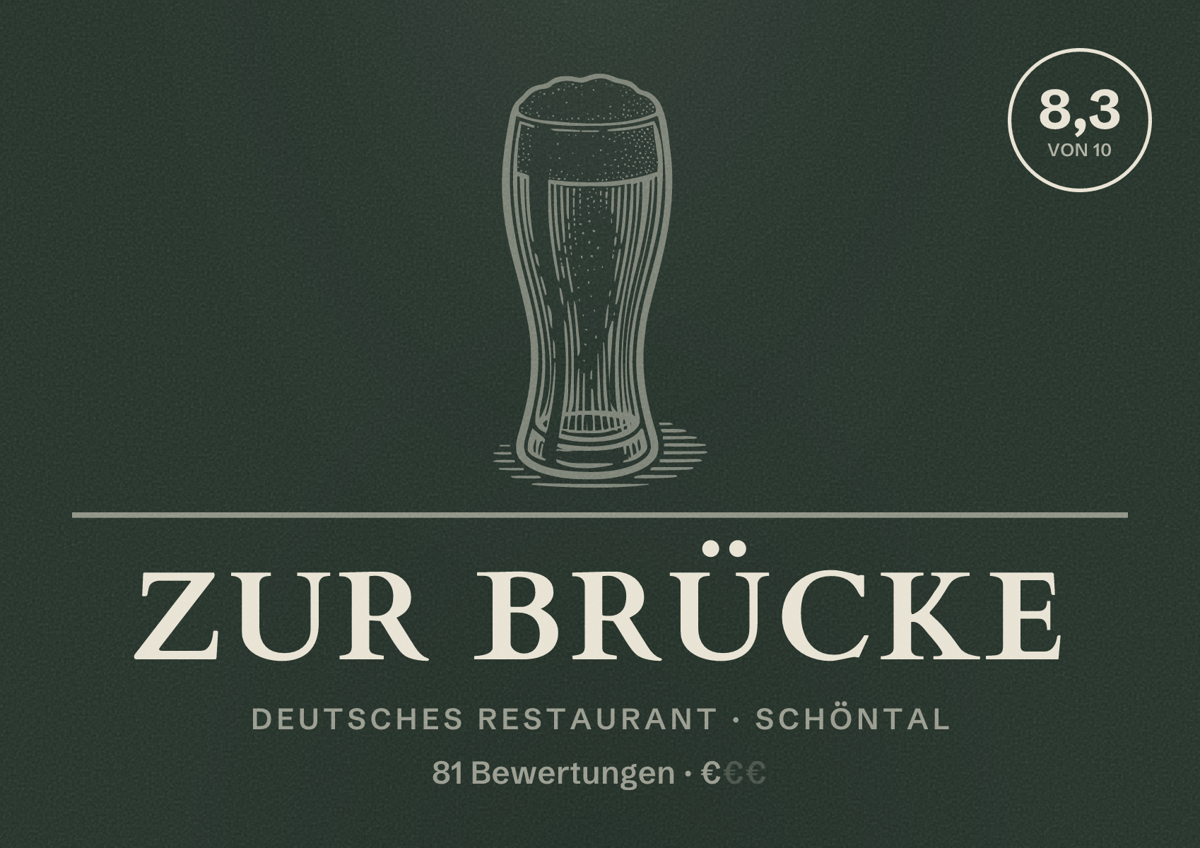 Illustriertes Poster von Zur Brücke, Deutsches Restaurant in Schöntal: Bewertung 8,3 von 10 aus 81 Bewertungen, Preisniveau €