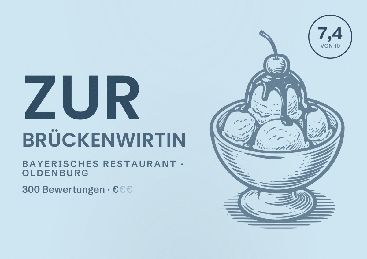 Illustriertes Poster von Zur Brückenwirtin, Bayerisches Restaurant in Oldenburg: Bewertung 7,4 von 10 aus 300 Bewertungen, Preisniveau €
