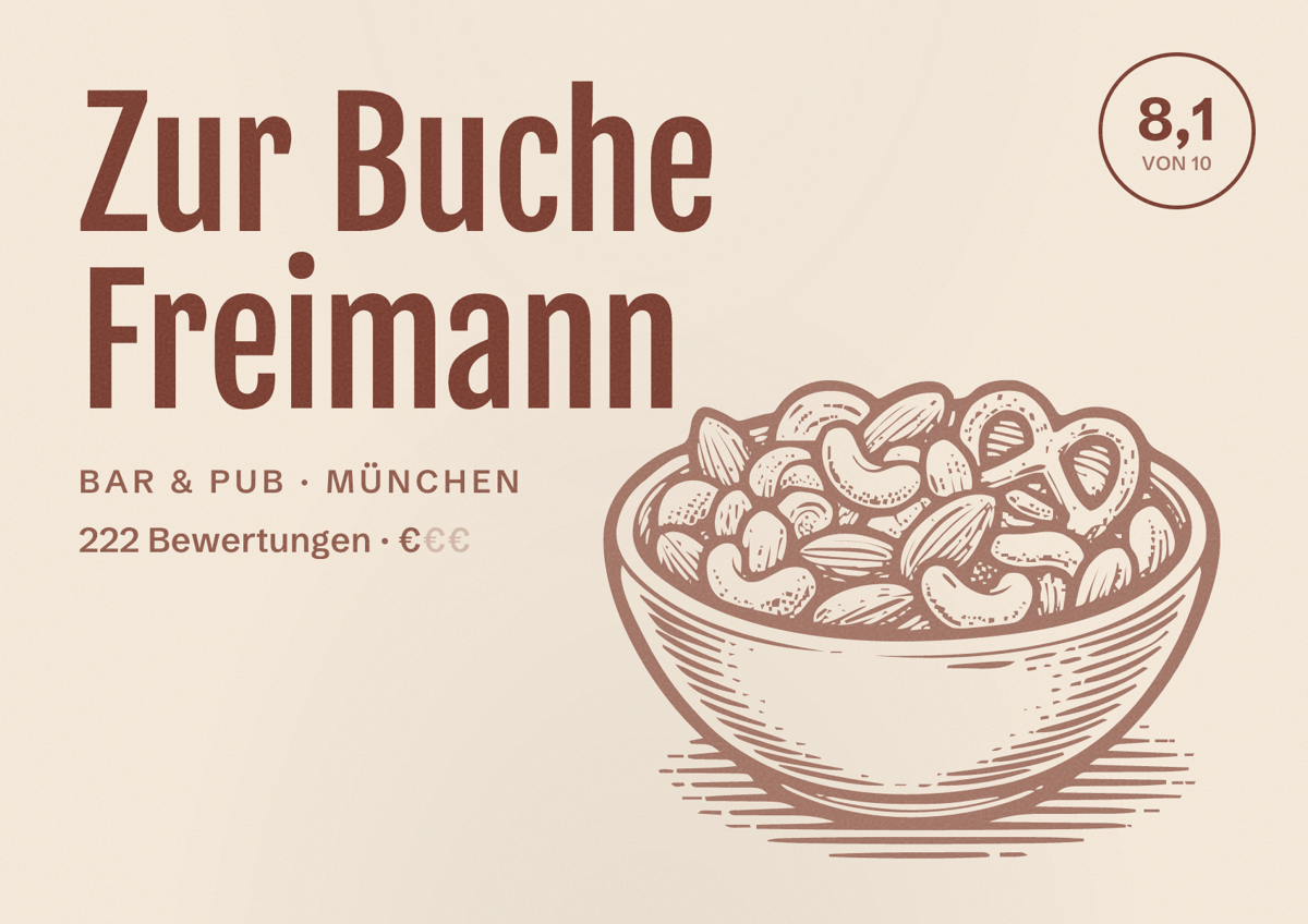 Illustriertes Poster von Zur Buche Freimann, Bar & Pub in München: Bewertung 8,1 von 10 aus 222 Bewertungen, Preisniveau €