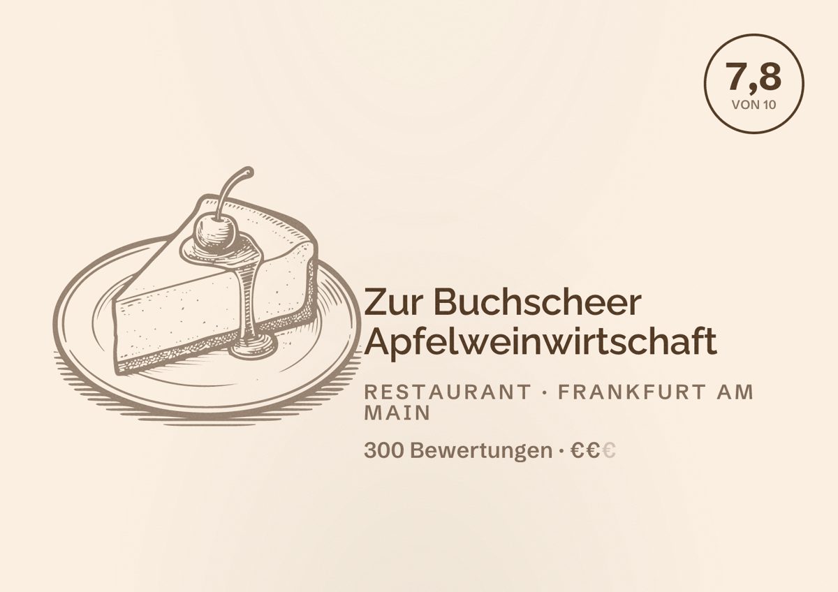 Illustriertes Poster von Zur Buchscheer Apfelweinwirtschaft, Restaurant in Frankfurt am Main: Bewertung 7,8 von 10 aus 300 Bewertungen, Preisniveau €€