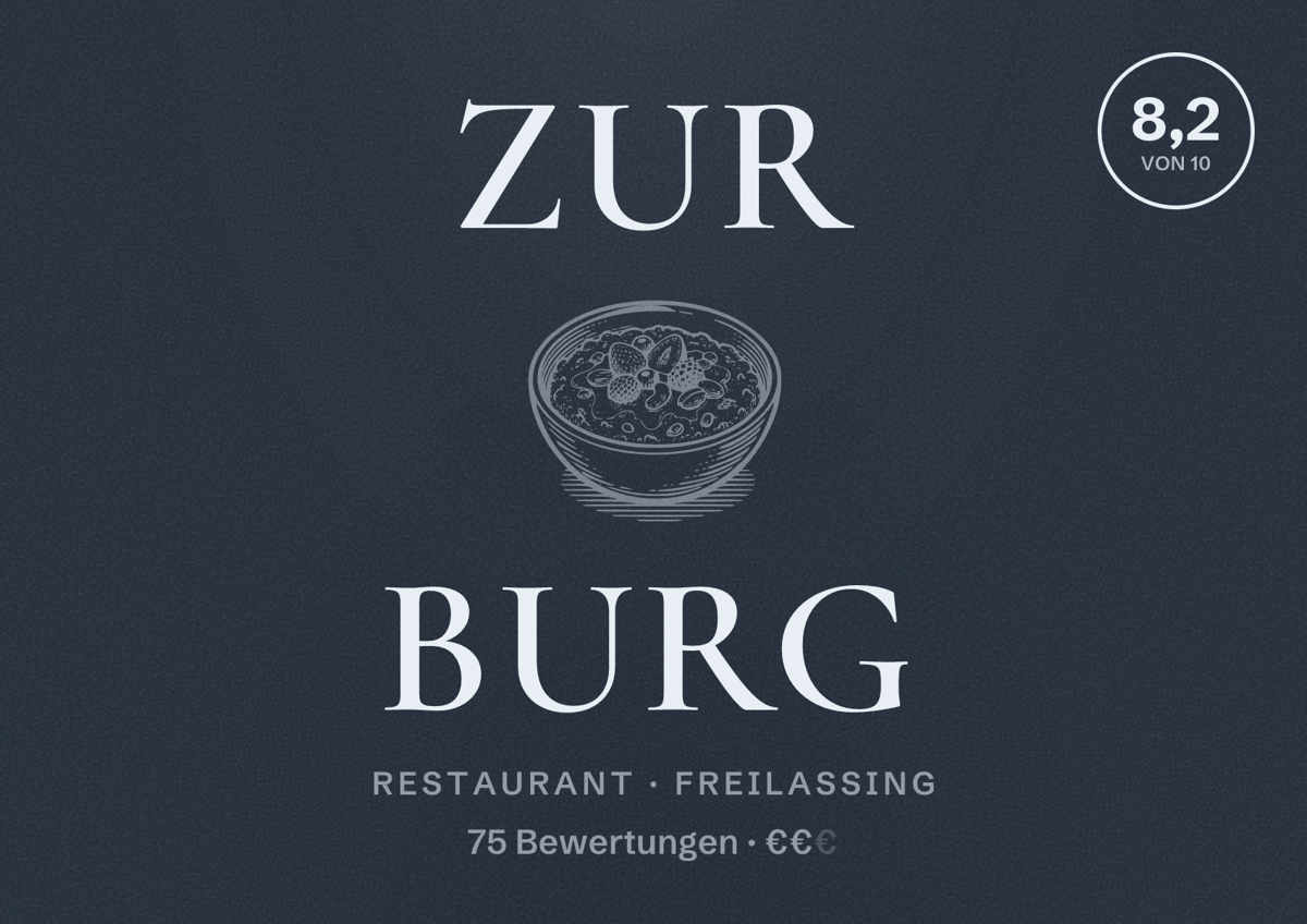 Illustriertes Poster von zur Burg, Restaurant in Freilassing: Bewertung 8,2 von 10 aus 75 Bewertungen, Preisniveau €€
