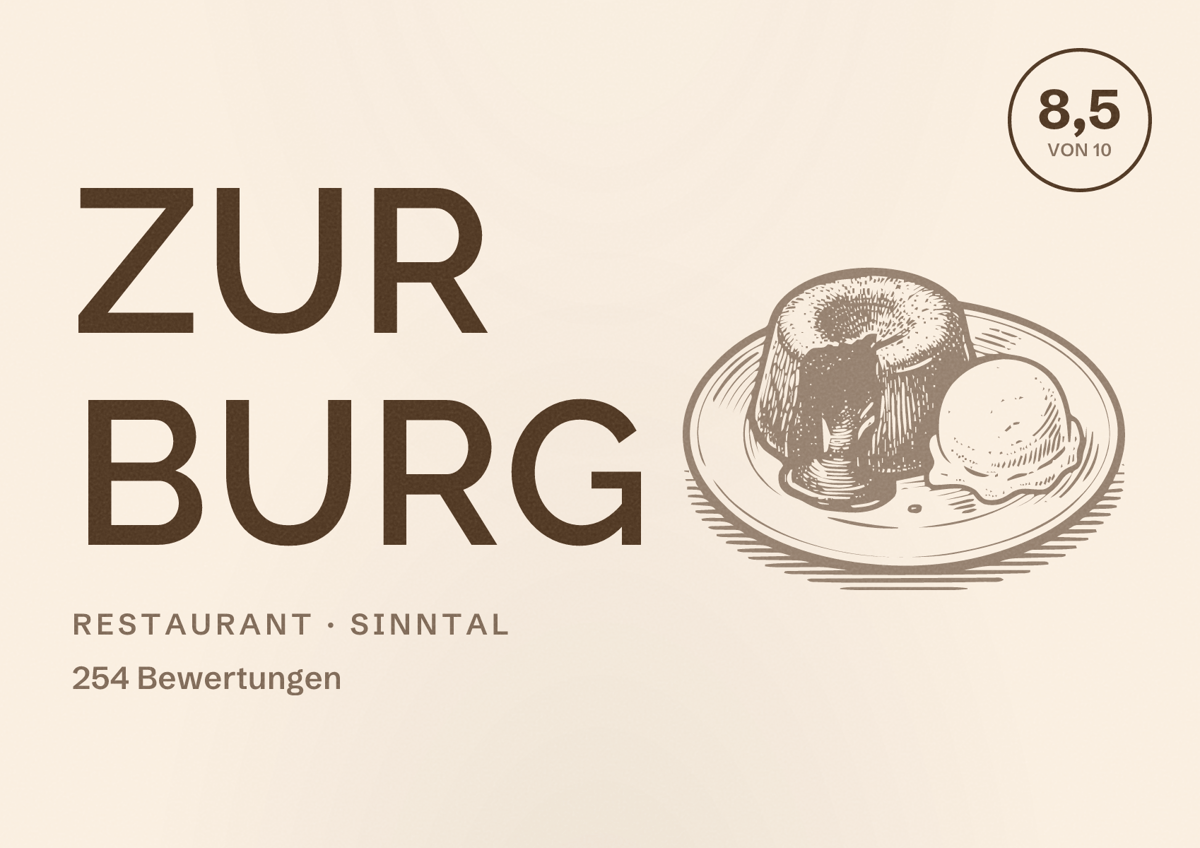 Illustriertes Poster von Zur Burg, Restaurant in Sinntal: Bewertung 8,5 von 10 aus 254 Bewertungen