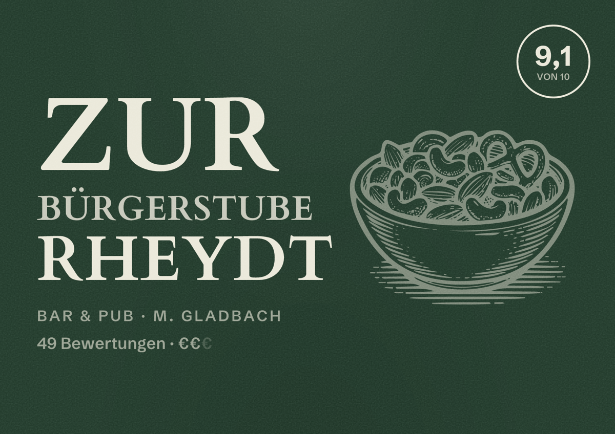 Illustriertes Poster von Zur Bürgerstube Rheydt, Bar & Pub in M. Gladbach: Gästebewertung 9,1 von 10 aus 49 Bewertungen