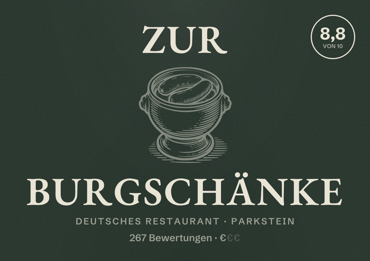 Illustriertes Poster von Zur Burgschänke, Deutsches Restaurant in Parkstein: Bewertung 8,8 von 10 aus 267 Bewertungen, Preisniveau €
