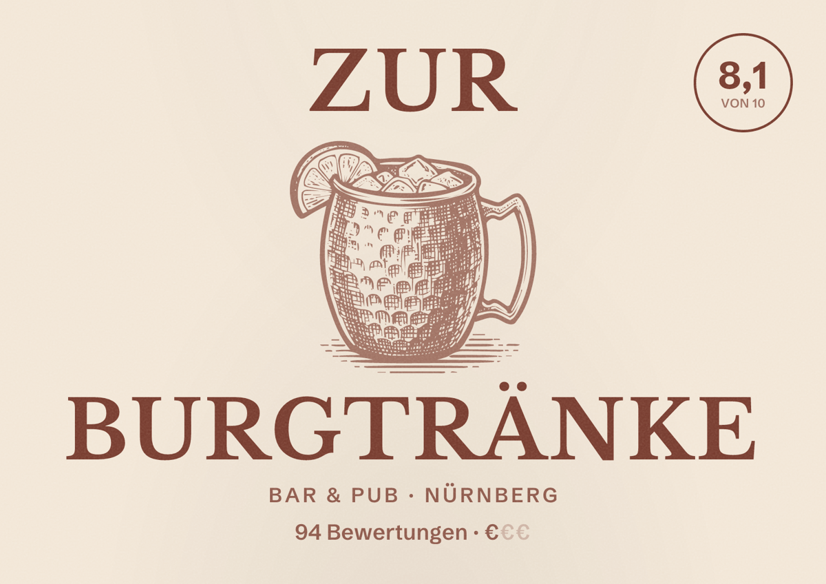 Illustriertes Poster von Zur Burgtränke, Bar & Pub in Nürnberg: Bewertung 8,1 von 10 aus 94 Bewertungen, Preisniveau €