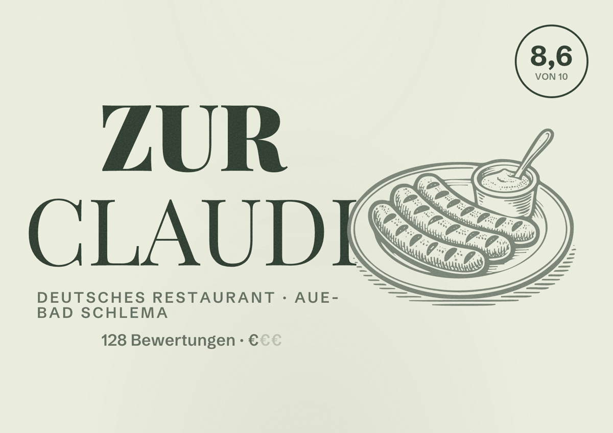 Illustriertes Poster von ZUR CLAUDI, Deutsches Restaurant in Aue-Bad Schlema: Bewertung 8,6 von 10 aus 128 Bewertungen, Preisniveau €