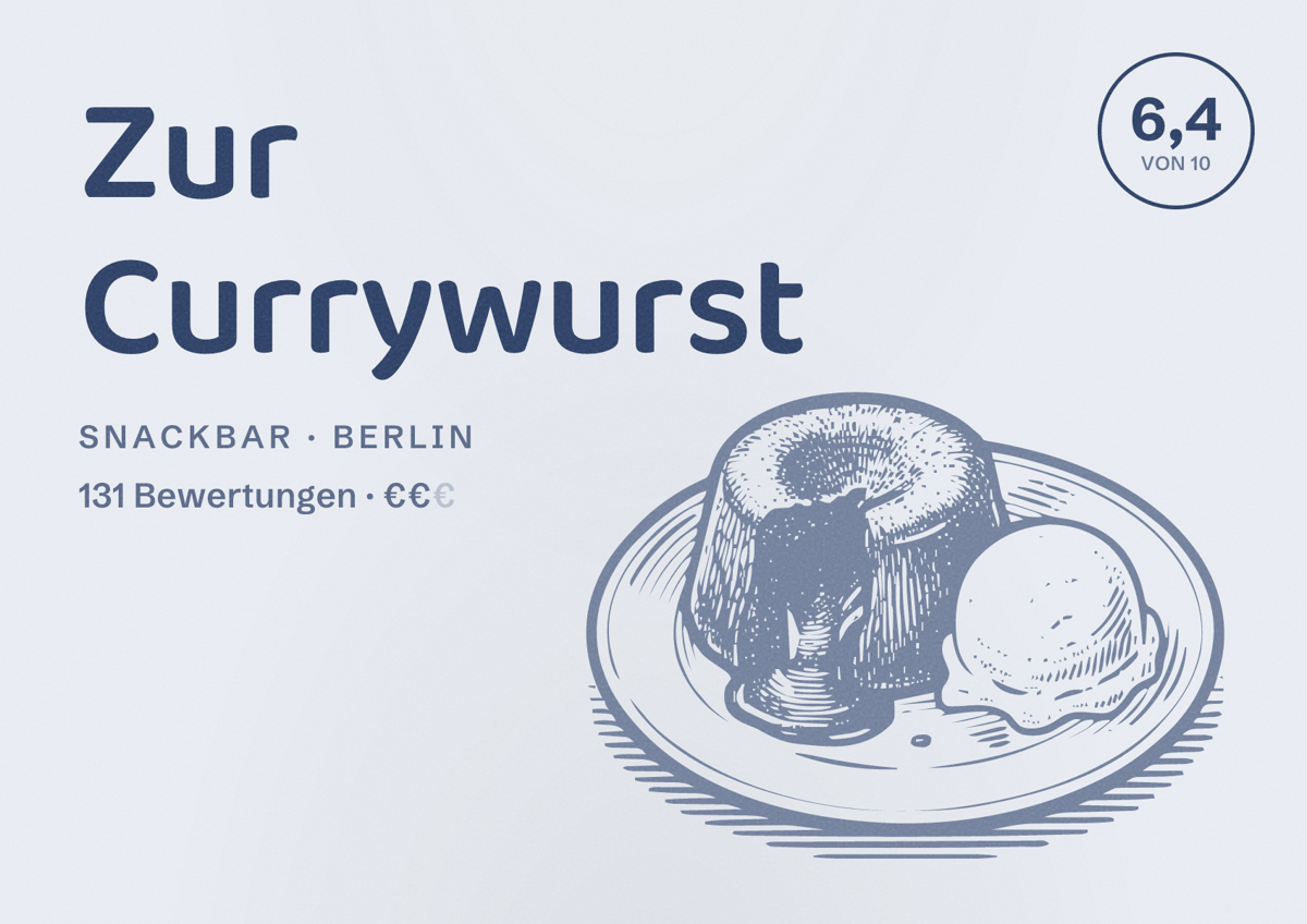 Illustriertes Poster von Zur Currywurst, Snackbar in Berlin: Bewertung 6,4 von 10 aus 131 Bewertungen, Preisniveau €€