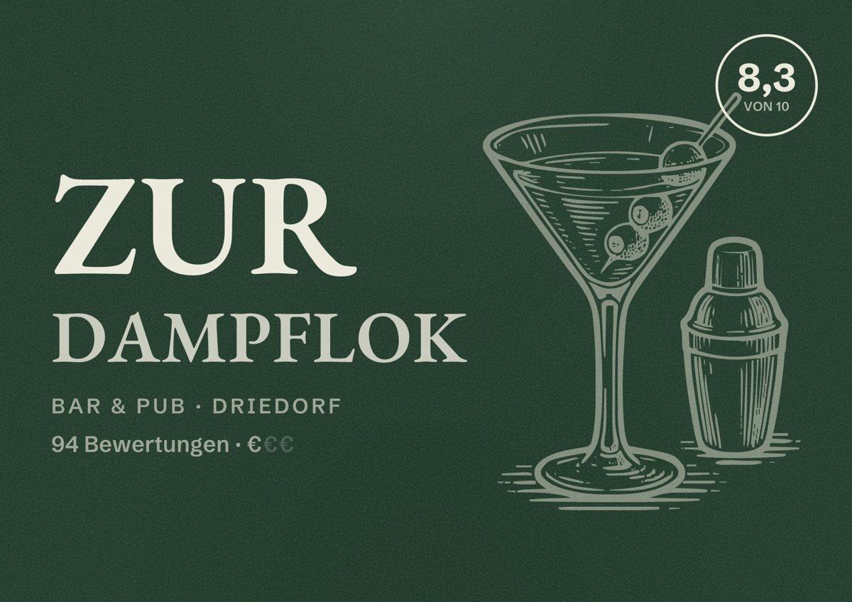 Illustriertes Poster von Zur Dampflok, Bar & Pub in Driedorf: Bewertung 8,3 von 10 aus 94 Bewertungen, Preisniveau €
