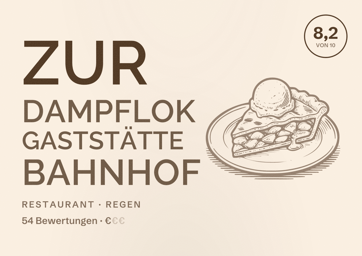 Illustriertes Poster von Zur Dampflok Gaststätte Bahnhof, Restaurant in Regen: Bewertung 8,2 von 10 aus 54 Bewertungen, Preisniveau €