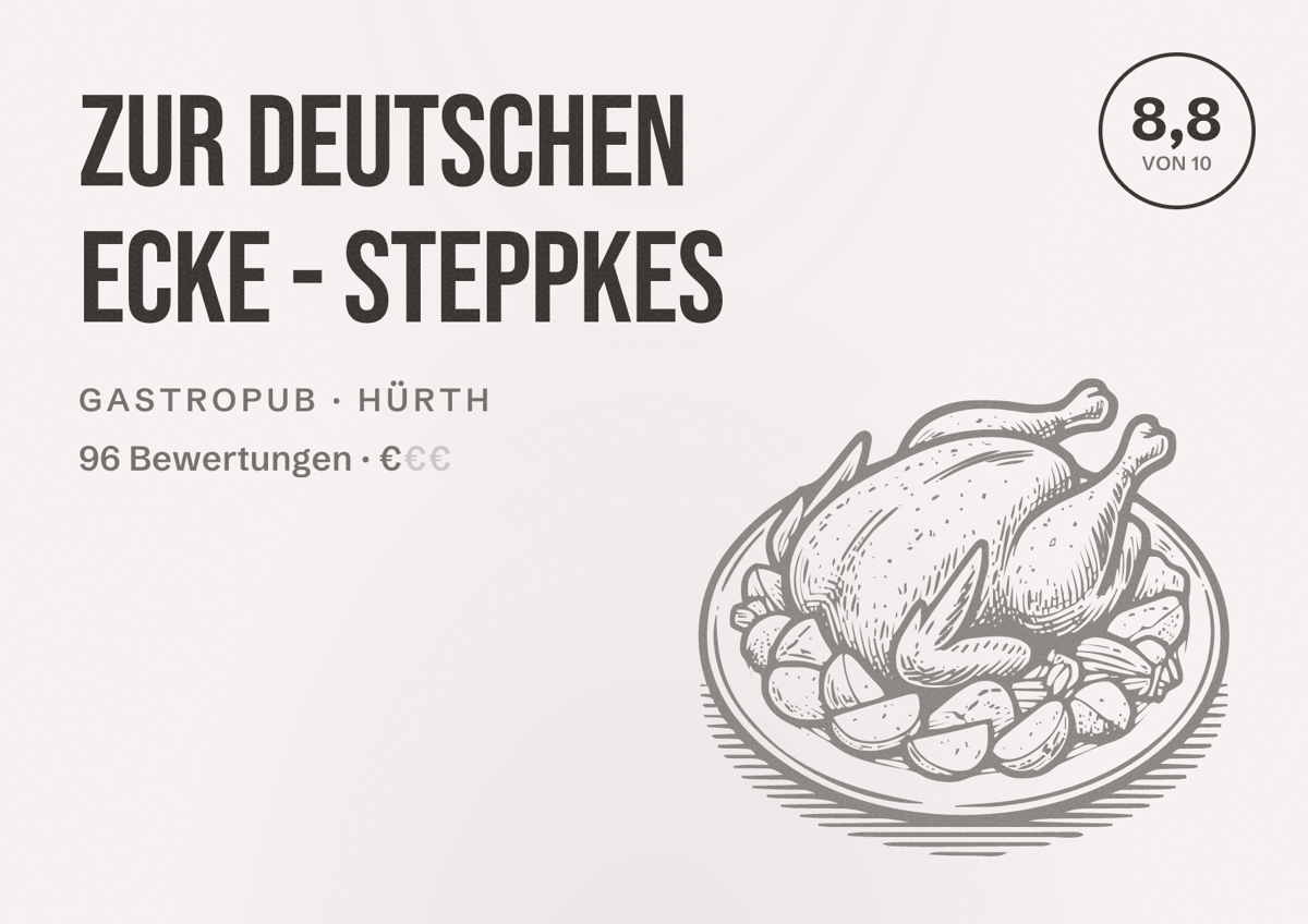 Illustriertes Poster von Zur deutschen Ecke - Steppkes, Gastropub in Hürth: Bewertung 8,8 von 10 aus 96 Bewertungen, Preisniveau €