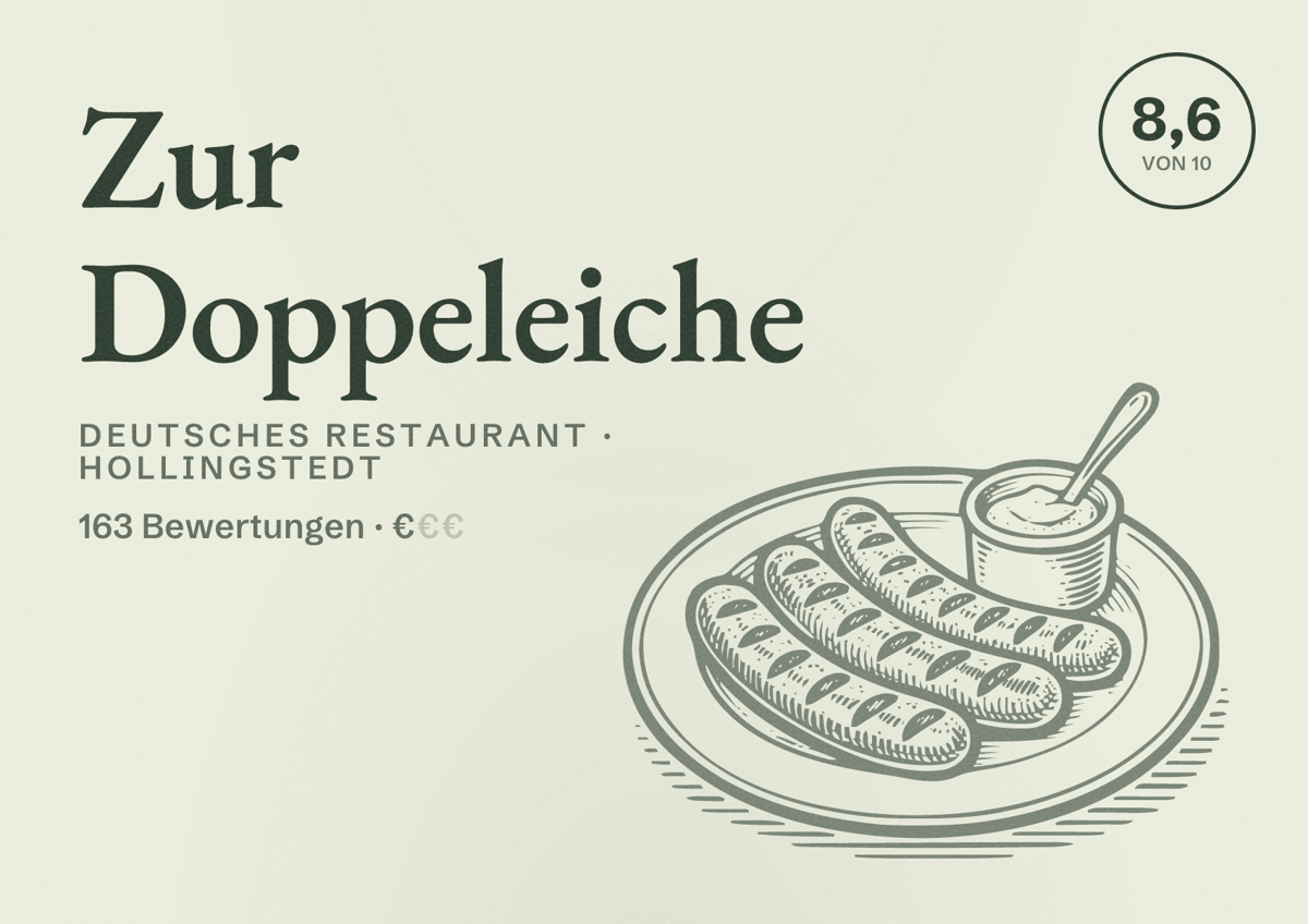Illustriertes Poster von Zur Doppeleiche, Deutsches Restaurant in Hollingstedt: Bewertung 8,6 von 10 aus 163 Bewertungen, Preisniveau €