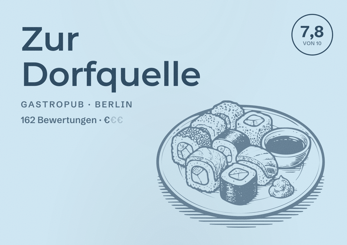 Illustriertes Poster von Zur Dorfquelle, Gastropub in Berlin: Bewertung 7,8 von 10 aus 162 Bewertungen, Preisniveau €