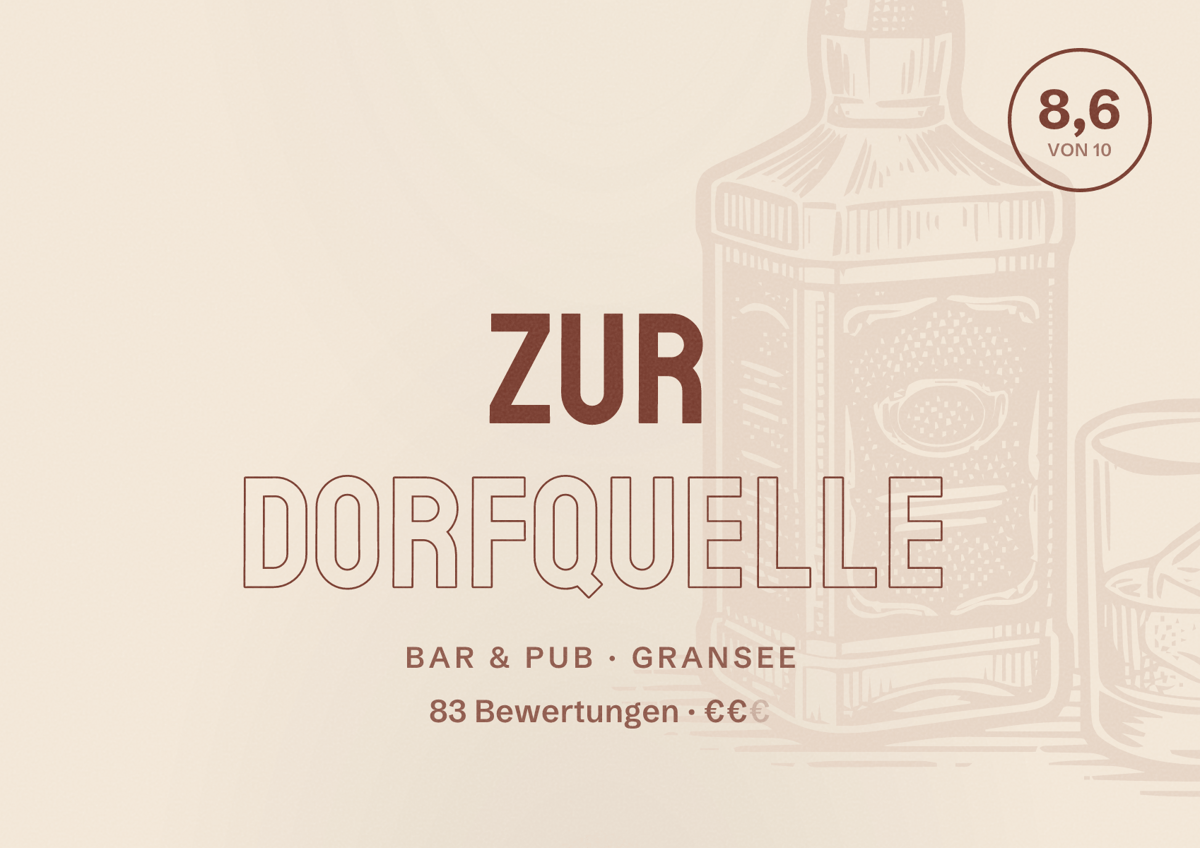 Illustriertes Poster von Zur Dorfquelle, Bar & Pub in Gransee: Bewertung 8,6 von 10 aus 83 Bewertungen, Preisniveau €€
