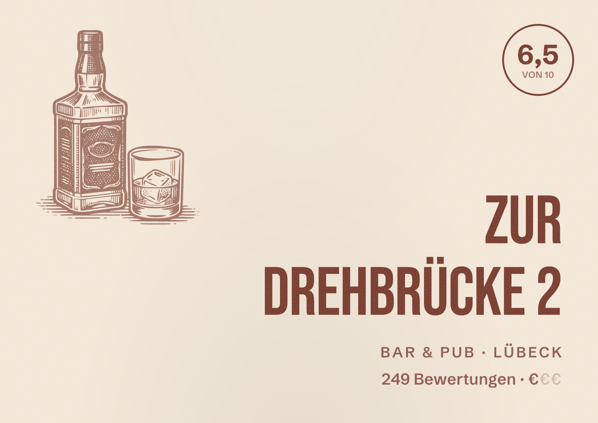Illustriertes Poster von zur Drehbrücke 2, Bar & Pub in Lübeck: Bewertung 6,5 von 10 aus 249 Bewertungen, Preisniveau €