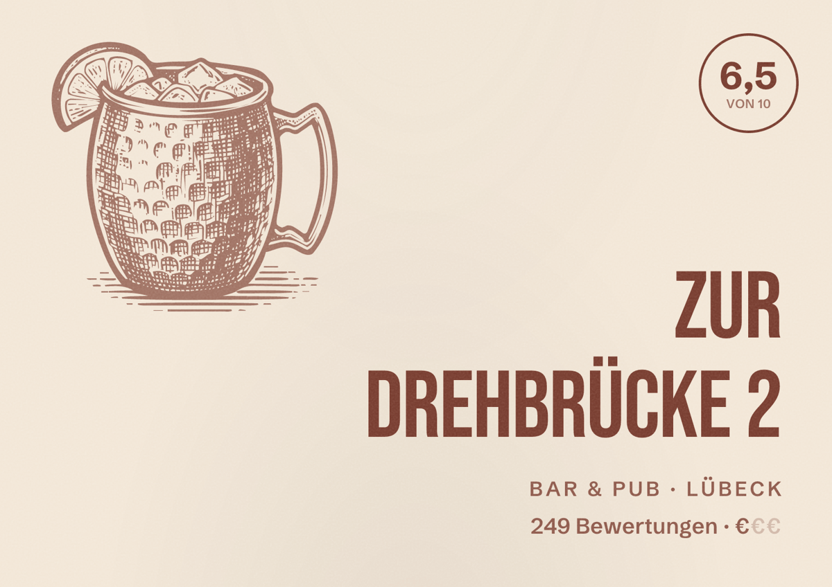 Illustriertes Poster von zur Drehbrücke 2, Bar & Pub in Lübeck: Bewertung 6,5 von 10 aus 249 Bewertungen, Preisniveau €