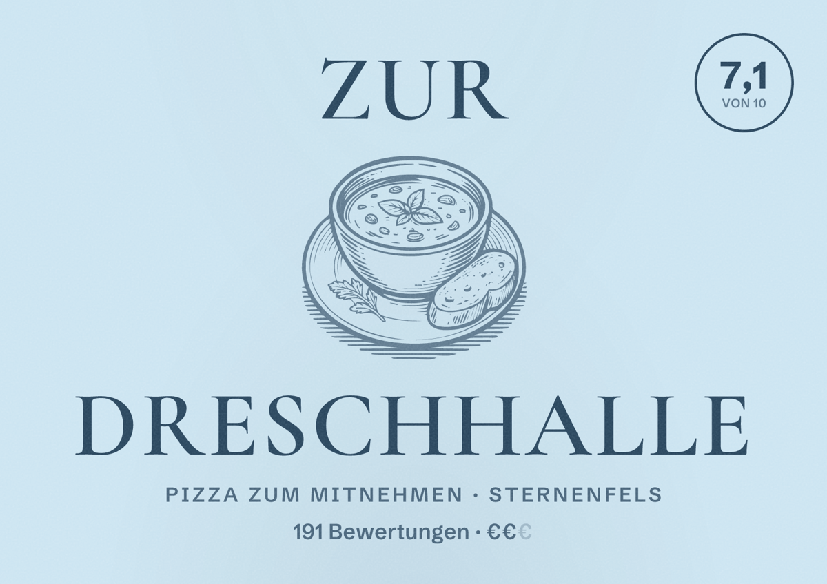 Illustriertes Poster von Zur Dreschhalle, Pizza zum Mitnehmen in Sternenfels: Bewertung 7,1 von 10 aus 191 Bewertungen, Preisniveau €€