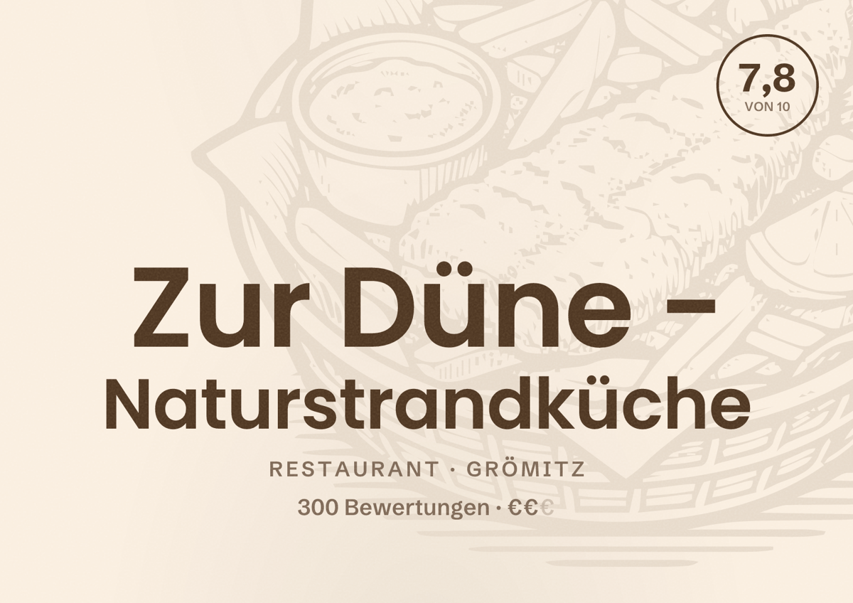 Illustriertes Poster von Zur Düne - Naturstrandküche, Restaurant in Grömitz: Bewertung 7,8 von 10 aus 300 Bewertungen, Preisniveau €€