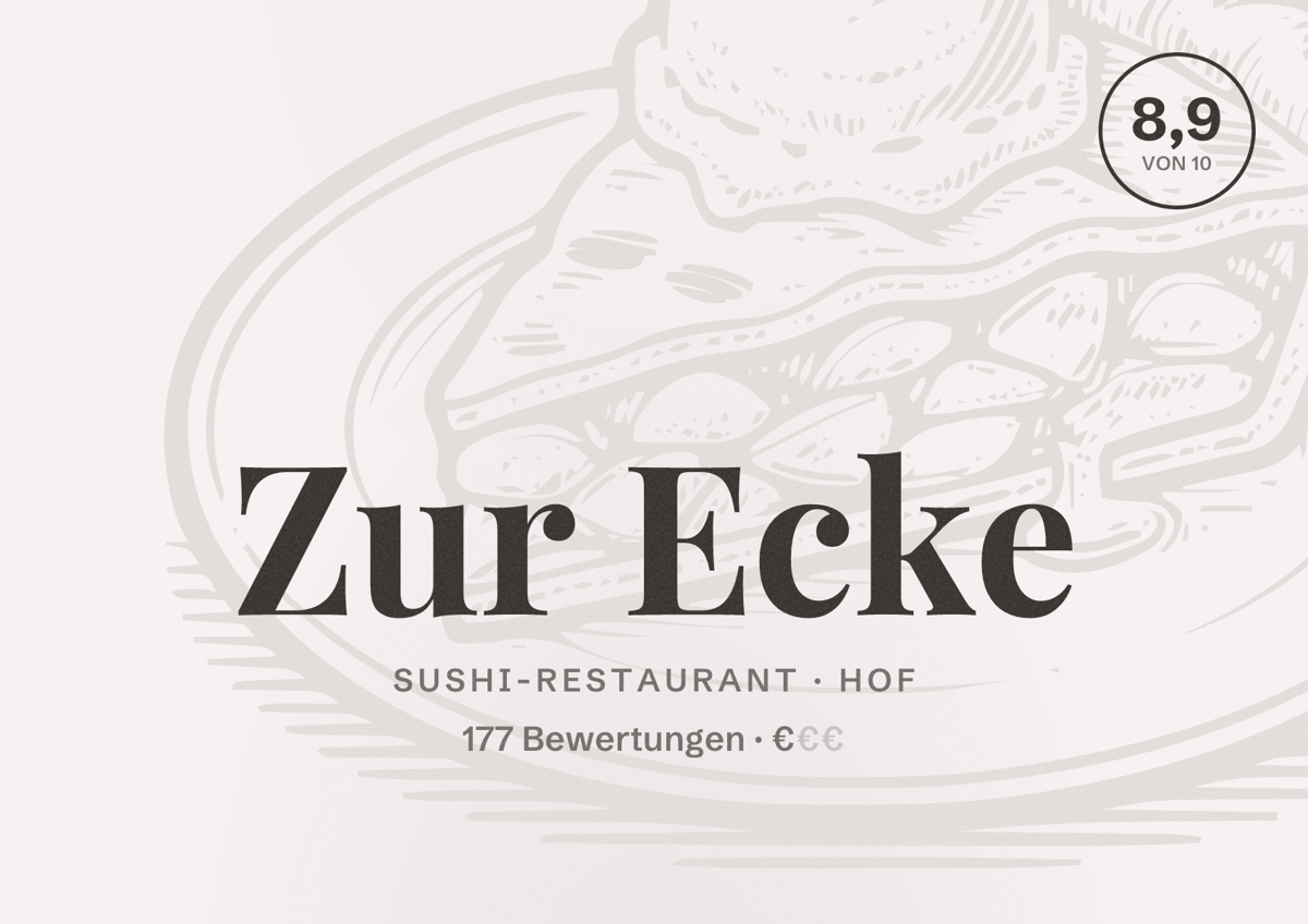 Illustriertes Poster von Zur Ecke, Sushi-Restaurant in Hof: Bewertung 8,9 von 10 aus 177 Bewertungen, Preisniveau €