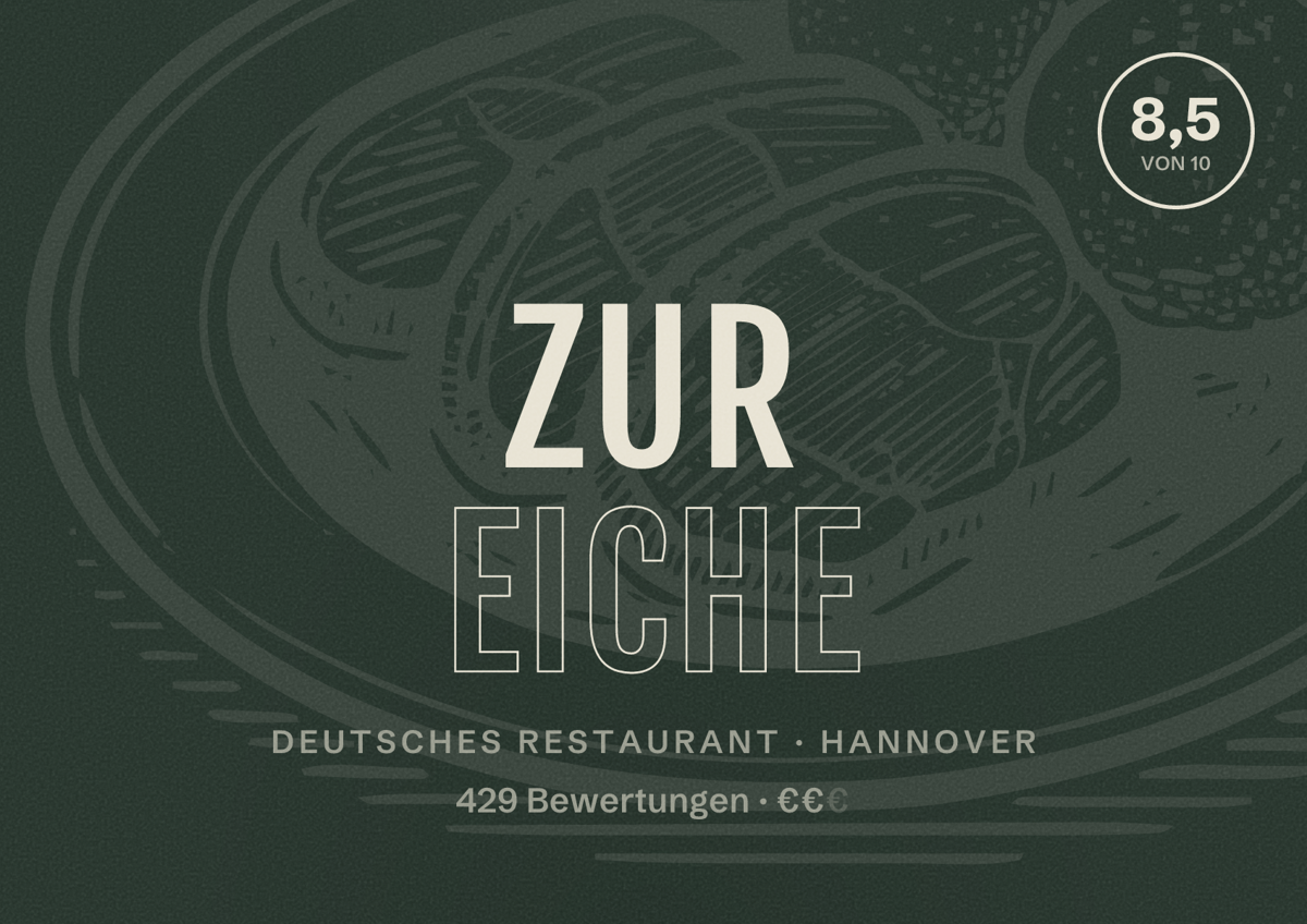 Illustriertes Poster von Zur Eiche, Deutsches Restaurant in Hannover: Gästebewertung 8,5 von 10 aus 429 Bewertungen