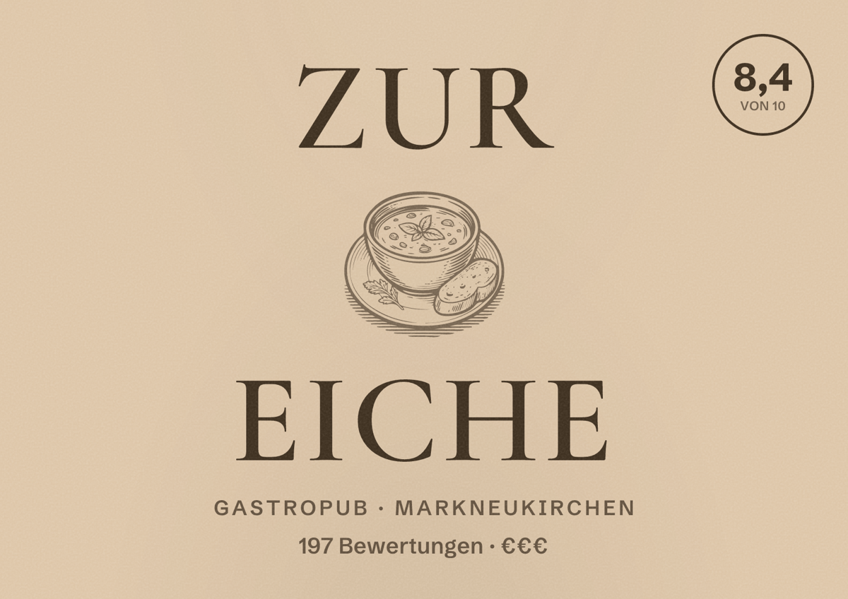 Illustriertes Poster von Zur Eiche, Gastropub in Markneukirchen: Bewertung 8,4 von 10 aus 197 Bewertungen, Preisniveau €€€