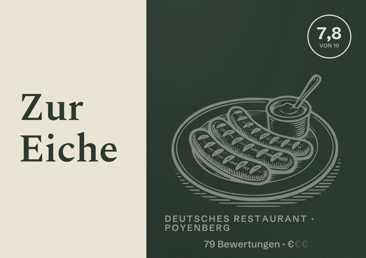Illustriertes Poster von Zur Eiche, Deutsches Restaurant in Poyenberg: Bewertung 7,8 von 10 aus 79 Bewertungen, Preisniveau €