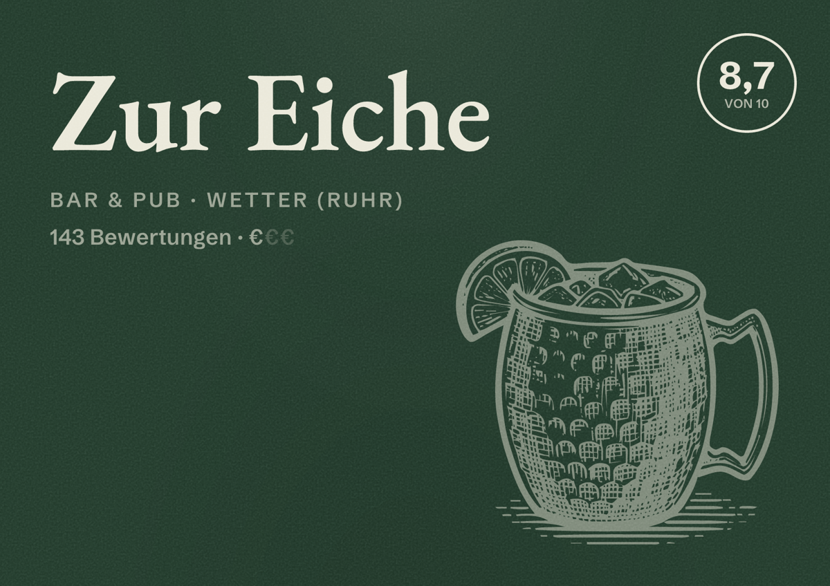Illustriertes Poster von Zur Eiche, Bar & Pub in Wetter (Ruhr): Bewertung 8,7 von 10 aus 143 Bewertungen, Preisniveau €