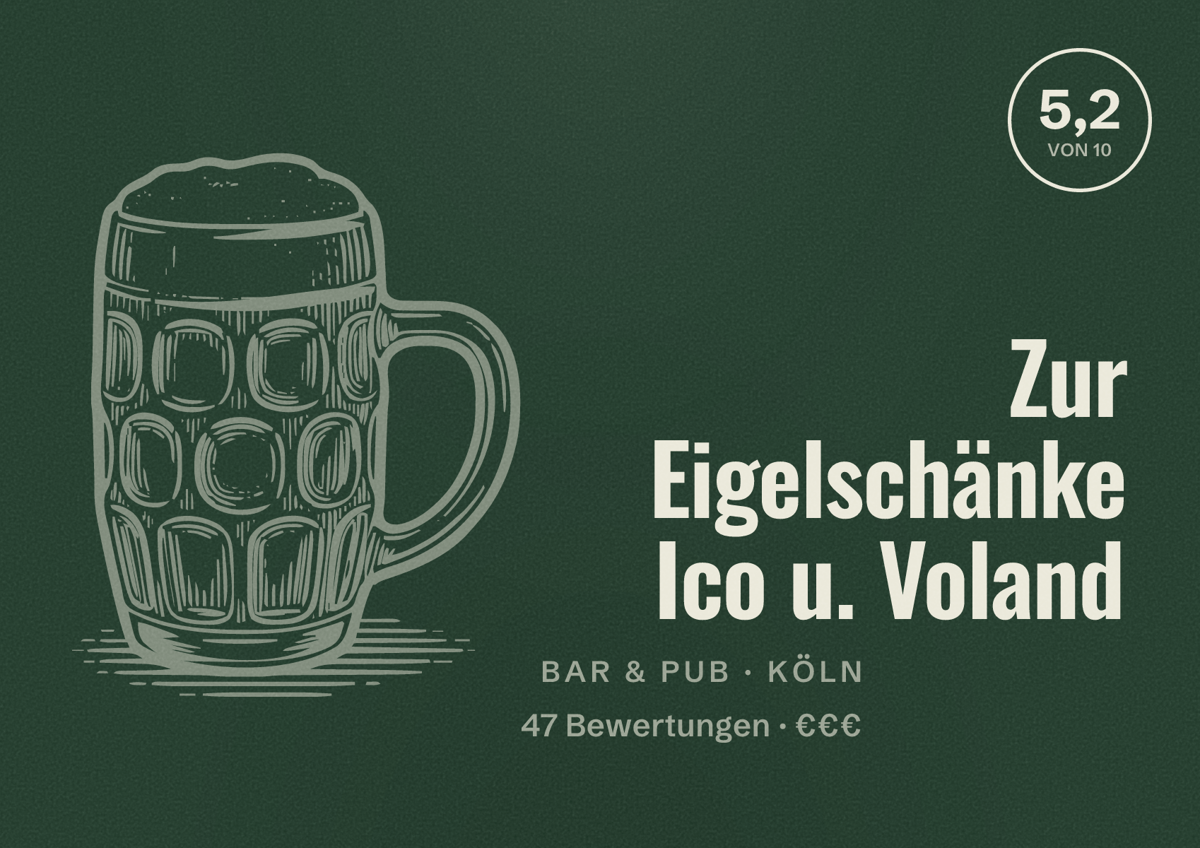 Illustriertes Poster von Zur Eigelschänke Ico u. Voland, Bar & Pub in Köln: Bewertung 5,2 von 10 aus 47 Bewertungen, Preisniveau €€€