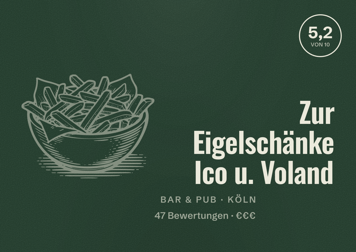 Illustriertes Poster von Zur Eigelschänke Ico u. Voland, Bar & Pub in Köln: Bewertung 5,2 von 10 aus 47 Bewertungen, Preisniveau €€€