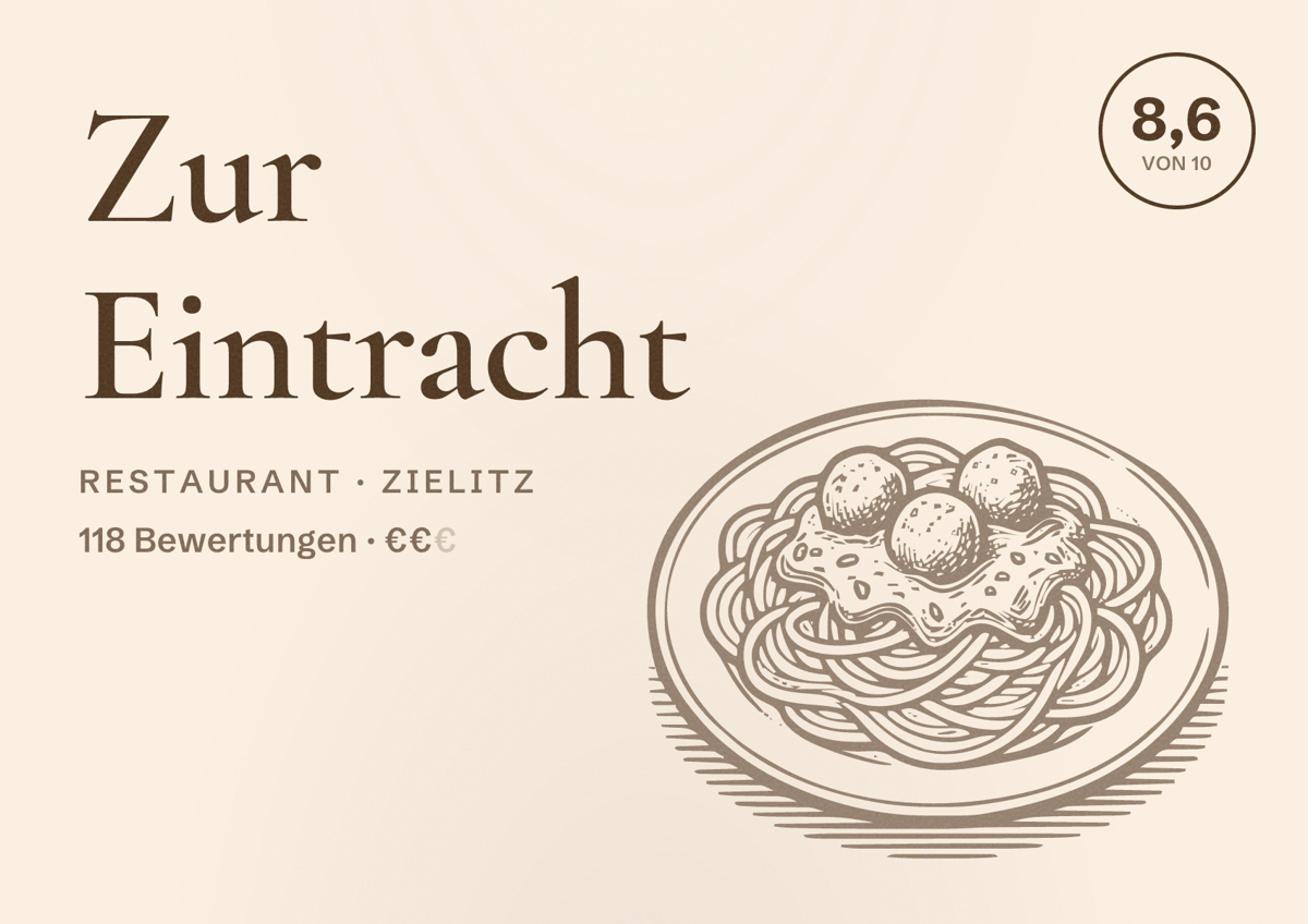 Illustriertes Poster von Zur Eintracht, Restaurant in Zielitz: Bewertung 8,6 von 10 aus 118 Bewertungen, Preisniveau €€