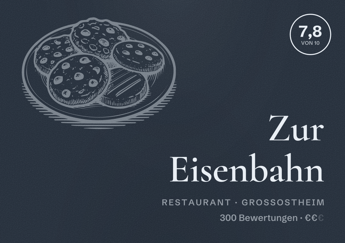 Illustriertes Poster von Zur Eisenbahn, Restaurant in Großostheim: Bewertung 7,8 von 10 aus 300 Bewertungen, Preisniveau €€