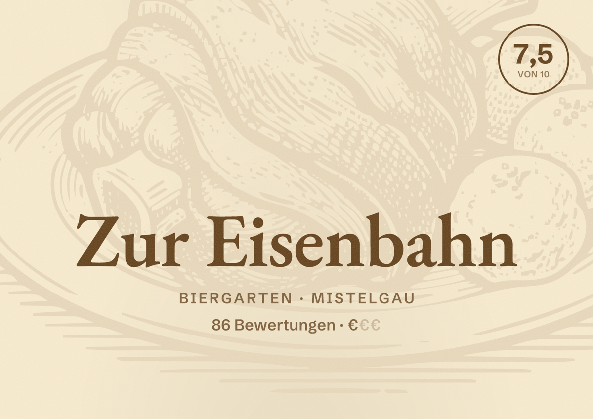 Illustriertes Poster von Zur Eisenbahn, Biergarten in Mistelgau: Bewertung 7,5 von 10 aus 86 Bewertungen, Preisniveau €