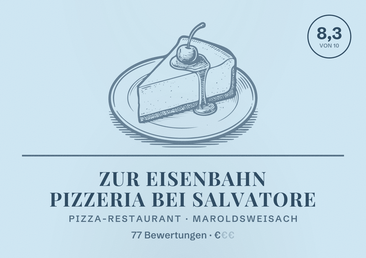 Illustriertes Poster von Zur Eisenbahn Pizzeria bei Salvatore, Pizza-Restaurant in Maroldsweisach: Bewertung 8,3 von 10 aus 77 Bewertungen, Preisniveau €