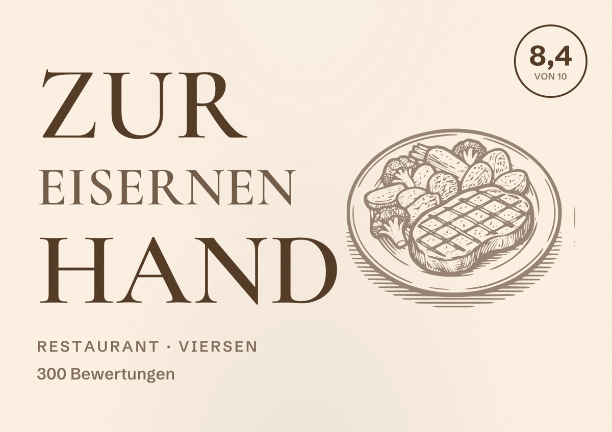 Illustriertes Poster von Zur eisernen Hand, Restaurant in Viersen: Bewertung 8,4 von 10 aus 300 Bewertungen