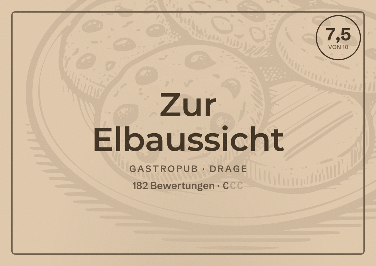Illustriertes Poster von Zur Elbaussicht, Gastropub in Drage: Bewertung 7,5 von 10 aus 182 Bewertungen, Preisniveau €