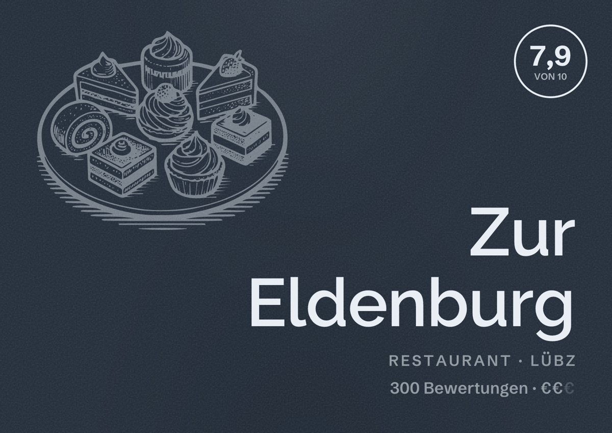 Illustriertes Poster von Zur Eldenburg, Restaurant in Lübz: Bewertung 7,9 von 10 aus 300 Bewertungen, Preisniveau €€