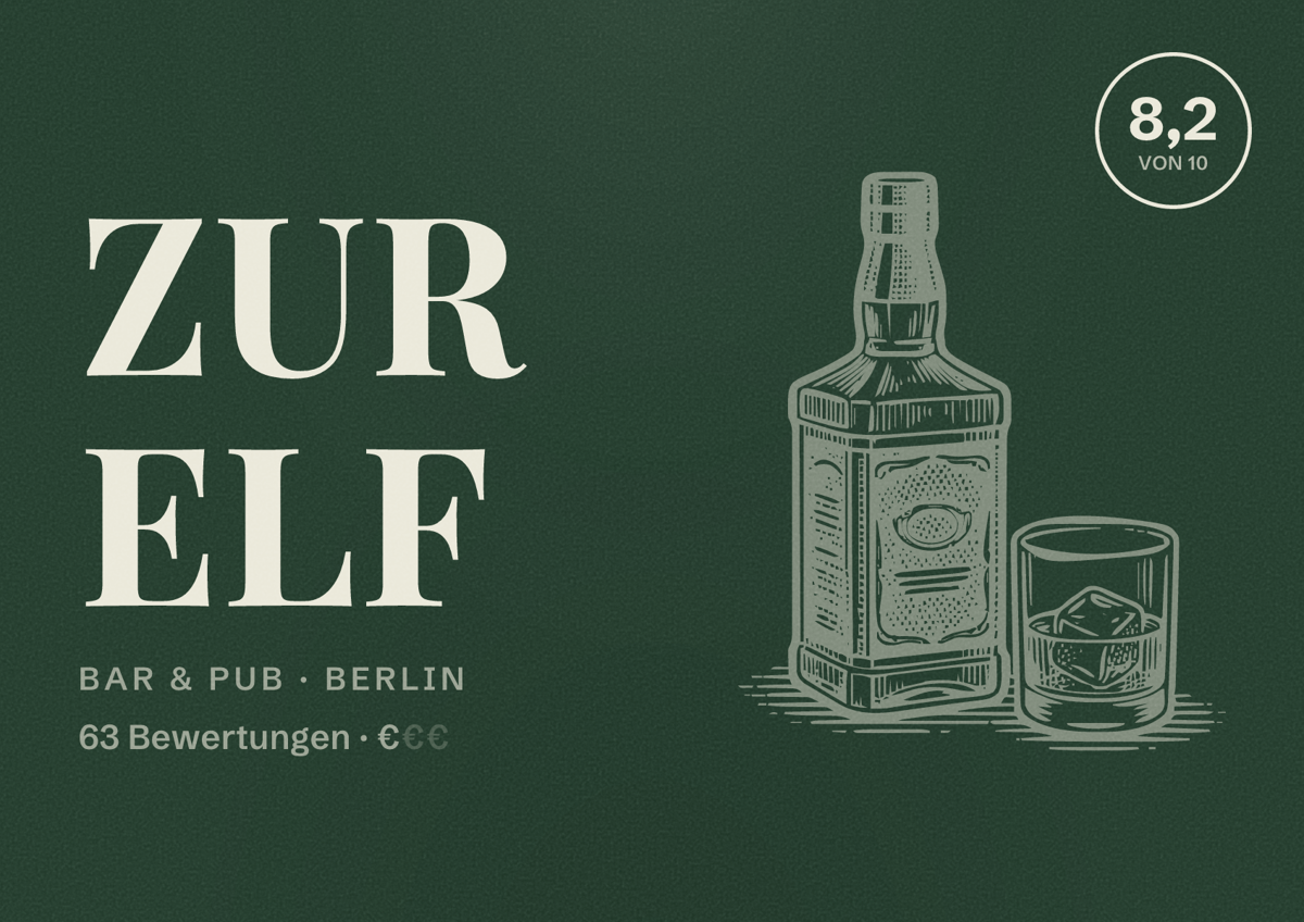 Illustriertes Poster von Zur Elf, Bar & Pub in Berlin: Bewertung 8,2 von 10 aus 63 Bewertungen, Preisniveau €