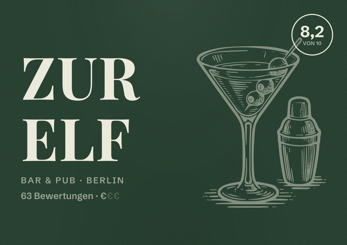 Illustriertes Poster von Zur Elf, Bar & Pub in Berlin: Bewertung 8,2 von 10 aus 63 Bewertungen, Preisniveau €
