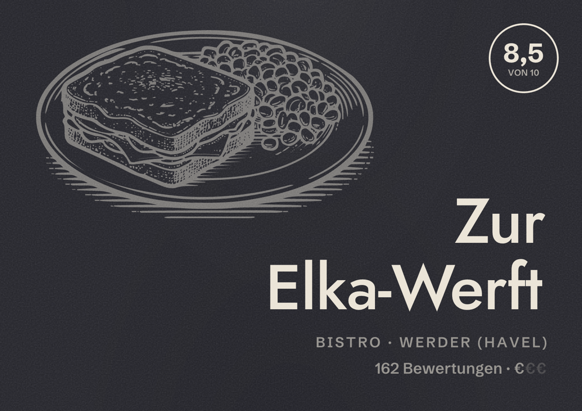 Illustriertes Poster von Zur Elka-Werft, Bistro in Werder (Havel): Bewertung 8,5 von 10 aus 162 Bewertungen, Preisniveau €
